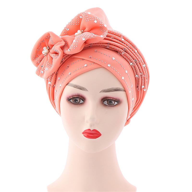 Head Wrap Turban Cap Beanie Flower Decor Rhinestone Headscarf Cap Hair Accessories