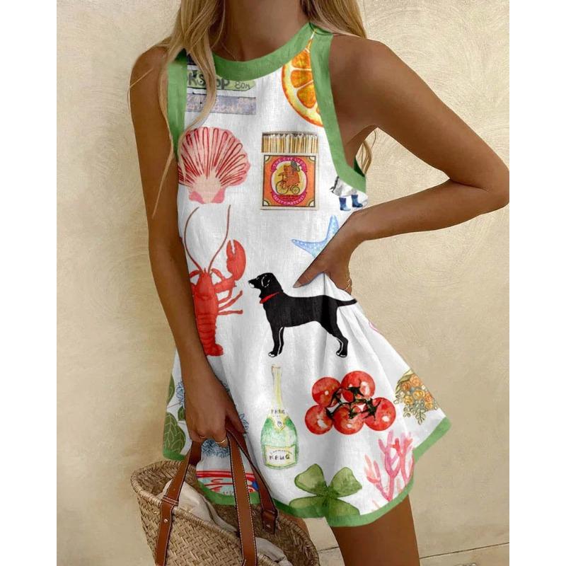 Round Neck Sleeveless Ocean Element Casual Women's Dresses