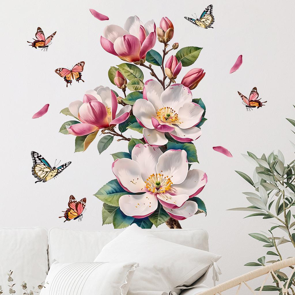 Magnolia Butterfly Wall Sticker Self-Adhesive Waterproof Removable Living Room Bedroom Hallway Background Wall Home Decor Art