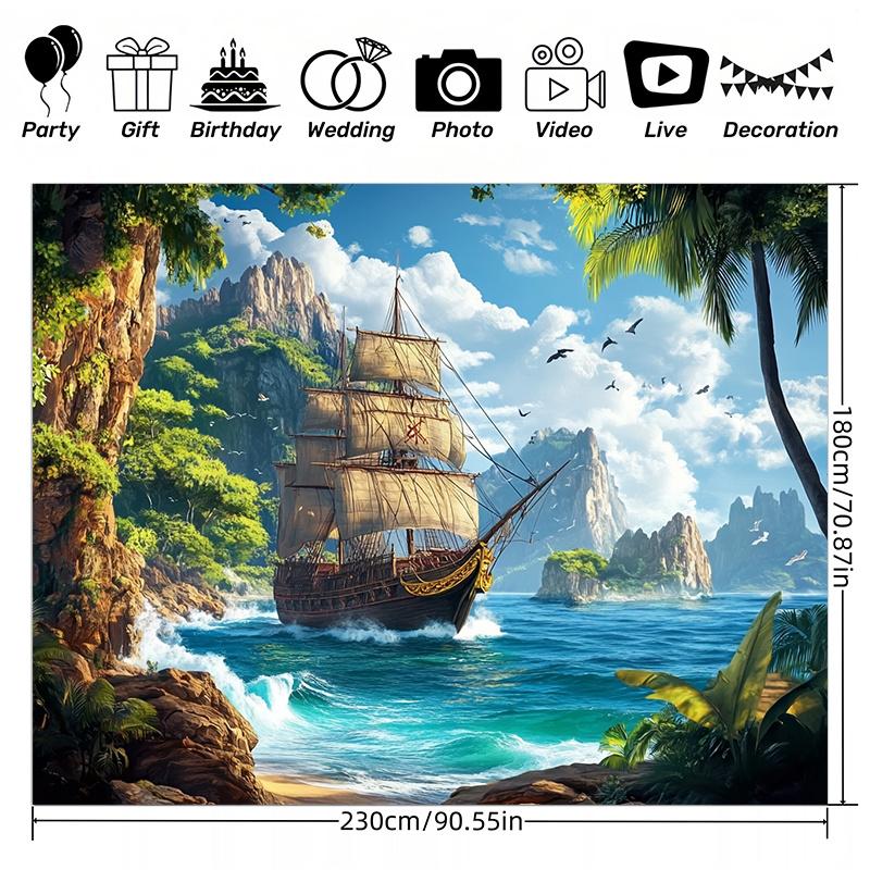 1 Piece of Polyester Pirate Ship Background Fabric, a Marine-themed Photography Backdrop, Indoor/outdoor Party Banner