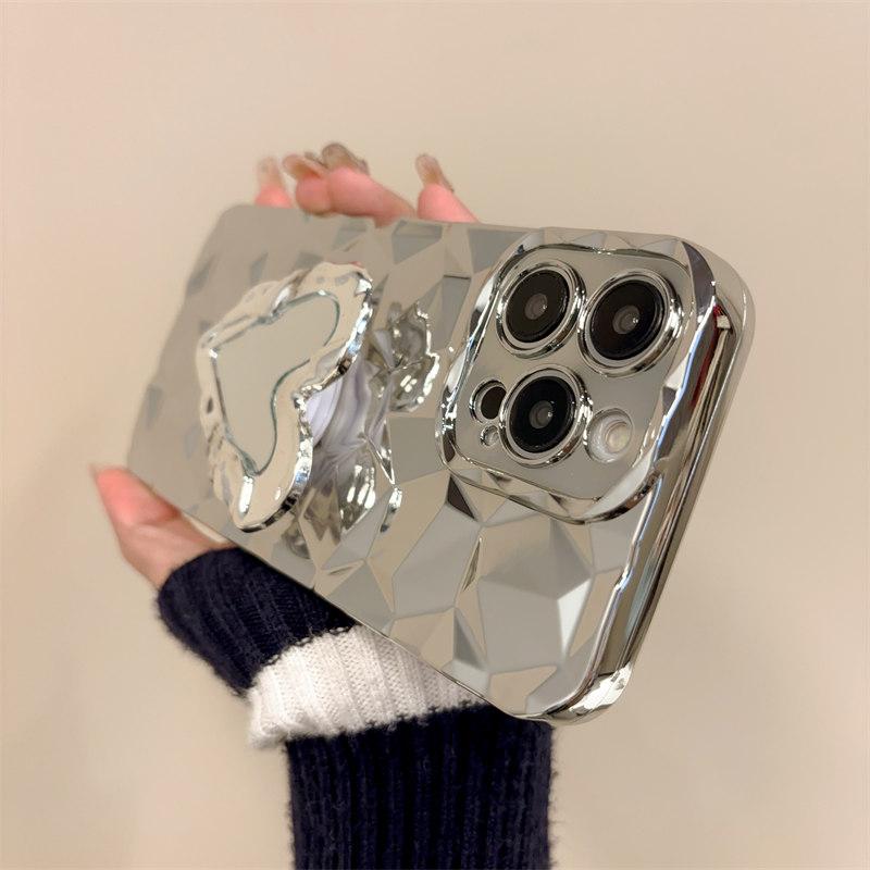 Luxury 3D Diamond-patterned Plated Love Stand Case for iPhone 15 Pro Max 14 Plus 13 12 11 7 8Plus SE 2020 All-inclusive Fall Protection Cover