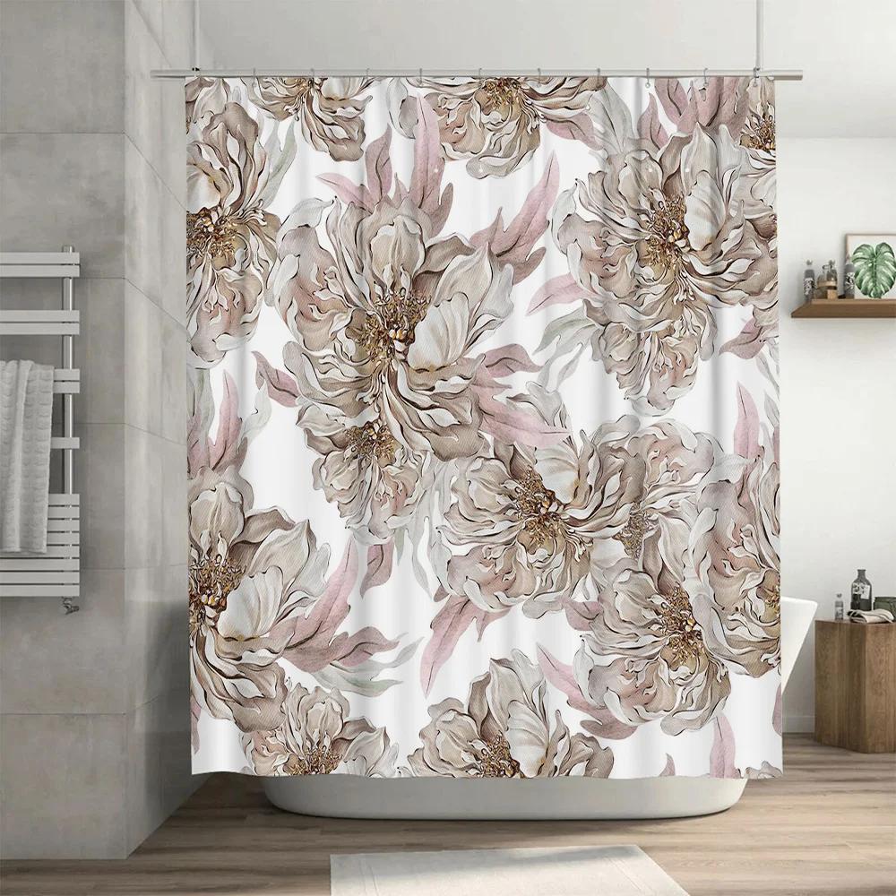Luxury Floral Shower Curtain Bathroom Decor Cream Gold Printed Polyester Fabric Waterproof Easy Clean for Bathtub or Walk-In