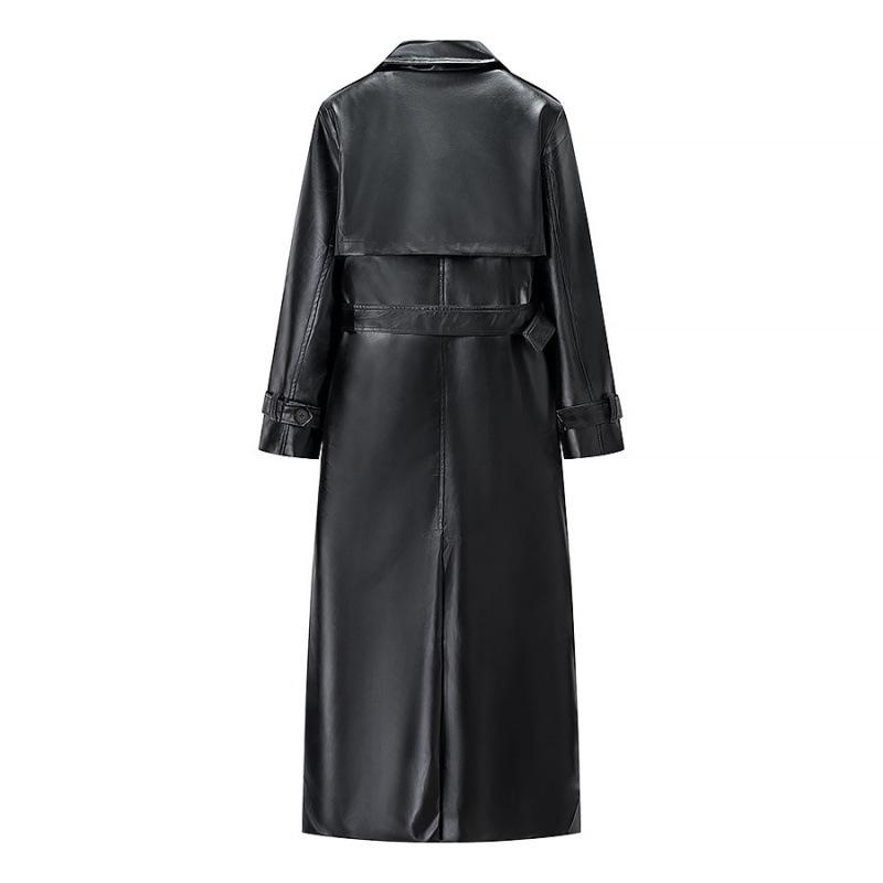 European and American Women's Faux Leather Fashion Trench Coat Jacket