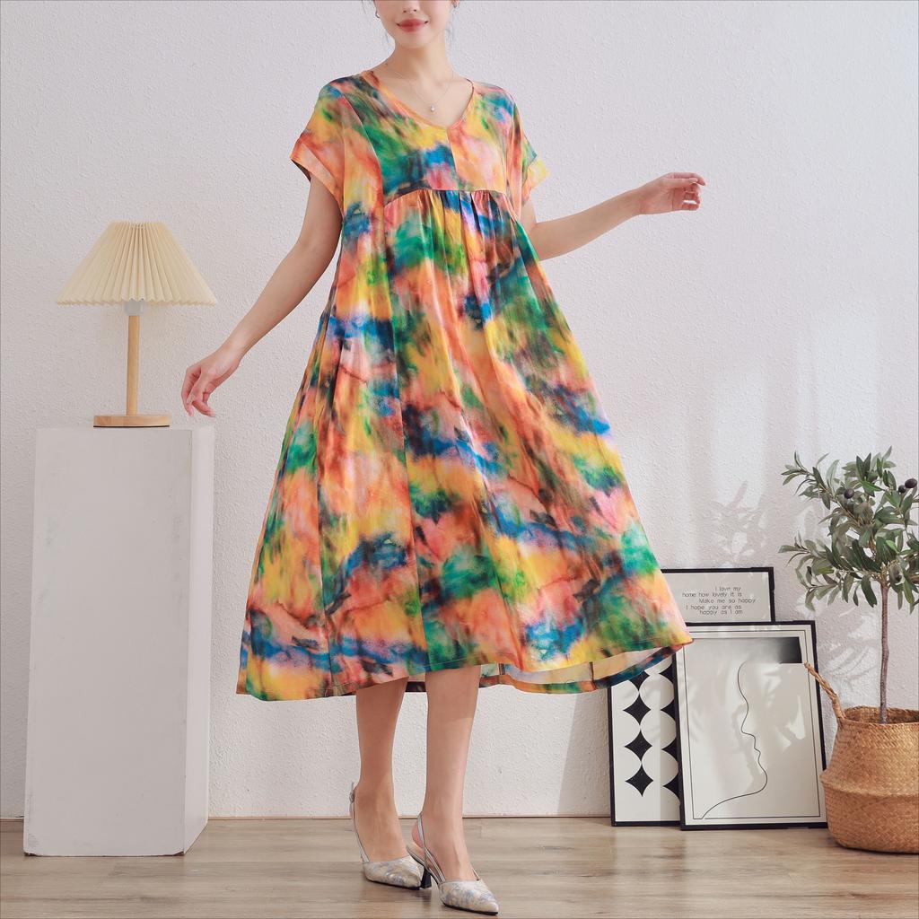 DIMANAF 2025 Women Plus Size Summer Dress V-Neck Casual Floral Dress Basic Vintage Loose Long Dress