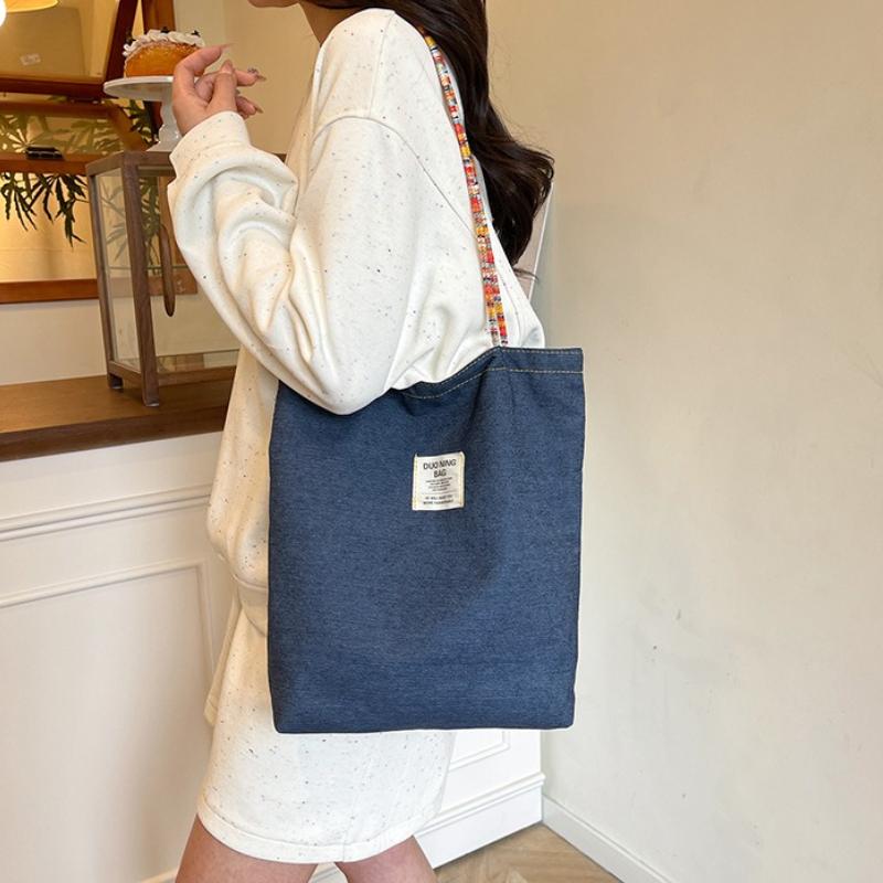 Retro Karomuster Denim Doppelseitige Schultertaschen für Damen Pendler Damen Perlenhandtaschen Tote Lässig Vielseitig Damen Unterarmtasche