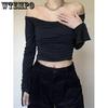 Spring Fall Vintage Sexy Slim T-Shirts Women Harajuku Kawaii Solid Tops Gilr's Korean Fashion Casual Off Shoulder Blouses