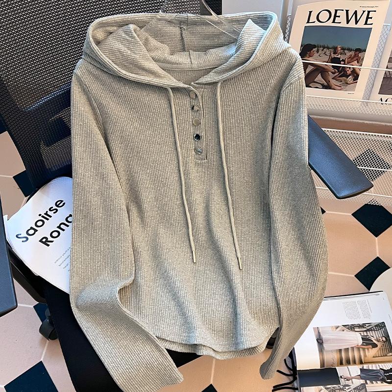 

Худи на шнурке женский осенне-зимний 2025 новая мода зарубежный стиль вязаный с длинным рукавом темперамент облегающий базовый топ женский XL серый