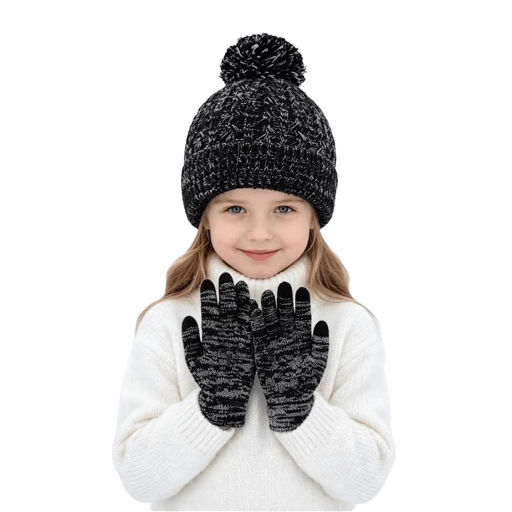 2Pcs/Set Plush Lining Children Hat Gloves Set Winter Touchscreen Gloves Knitted Hats Gloves  Kids