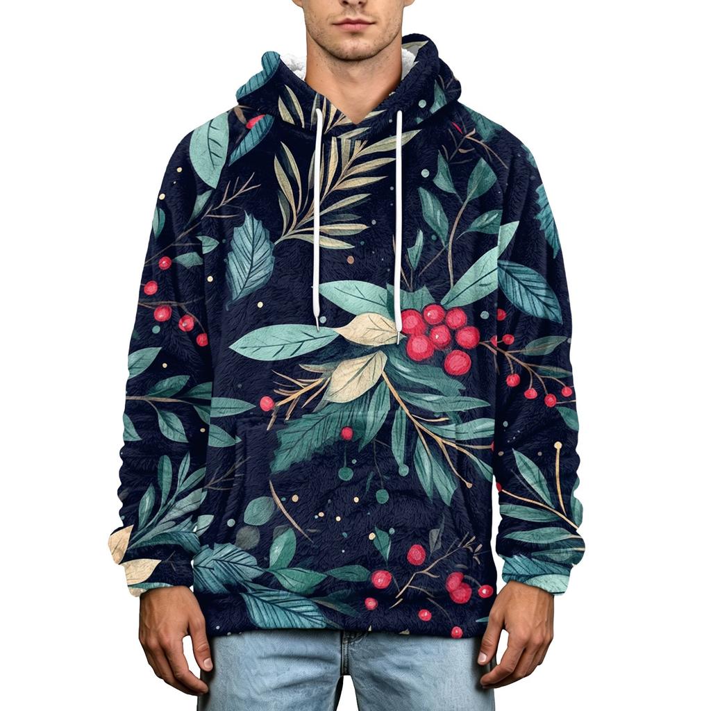 Men's Christmas Print Flannel Hoodie Hooded Casual Pullover Sweatshirt for Fall Winter