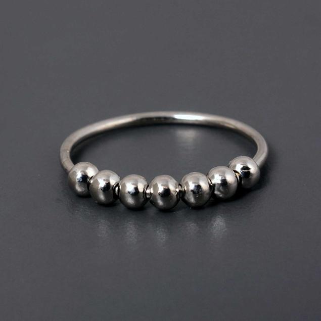 Sterling Silver Brass Adjustable Anxiety Ring, 7 Bead Fidget Spinner Ring, Resizable Decompression Ring, Stylish Shiny Silver Band