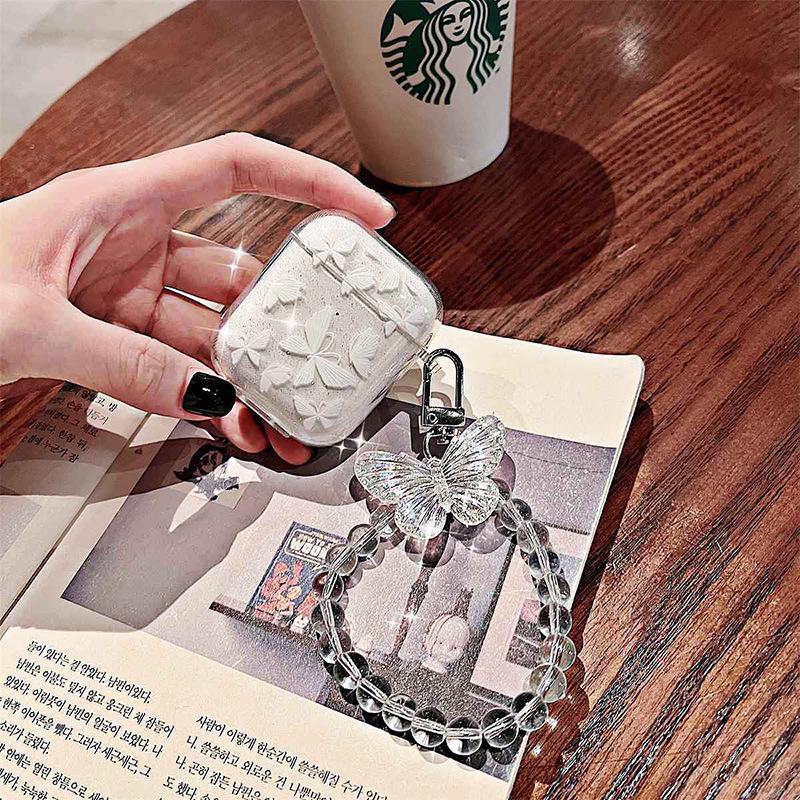 

Прозрачный блестящий чехол для Bluetooth-гарнитуры с цепочкой-бабочкой для 1/2/3Pro Airpods 3rd generation белый