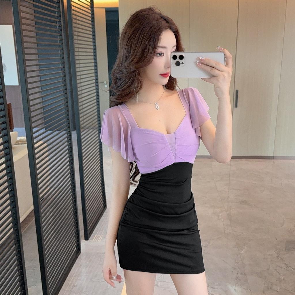 Women's clothing fashionable low-cut sexy contrasting color splicing mesh Feifei sleeves white dress tight skirt
