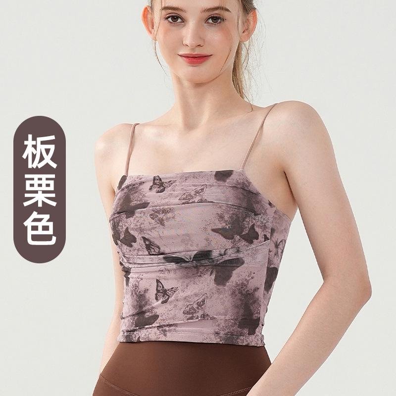 Printed sports top for women, sexy thin belt breathable yoga clothes, pleated slim fit fitness outerwear vest for women S