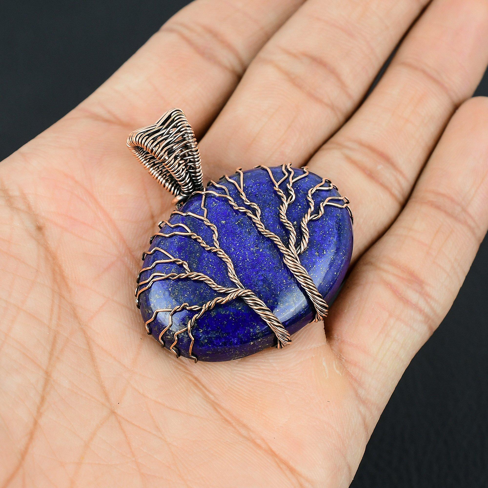 

Двойное Древо Жизни, лазурит, драгоценный камень, чистая медная проволока, ручная работа, уникальный ювелирный кулон 2.56 Inches синий