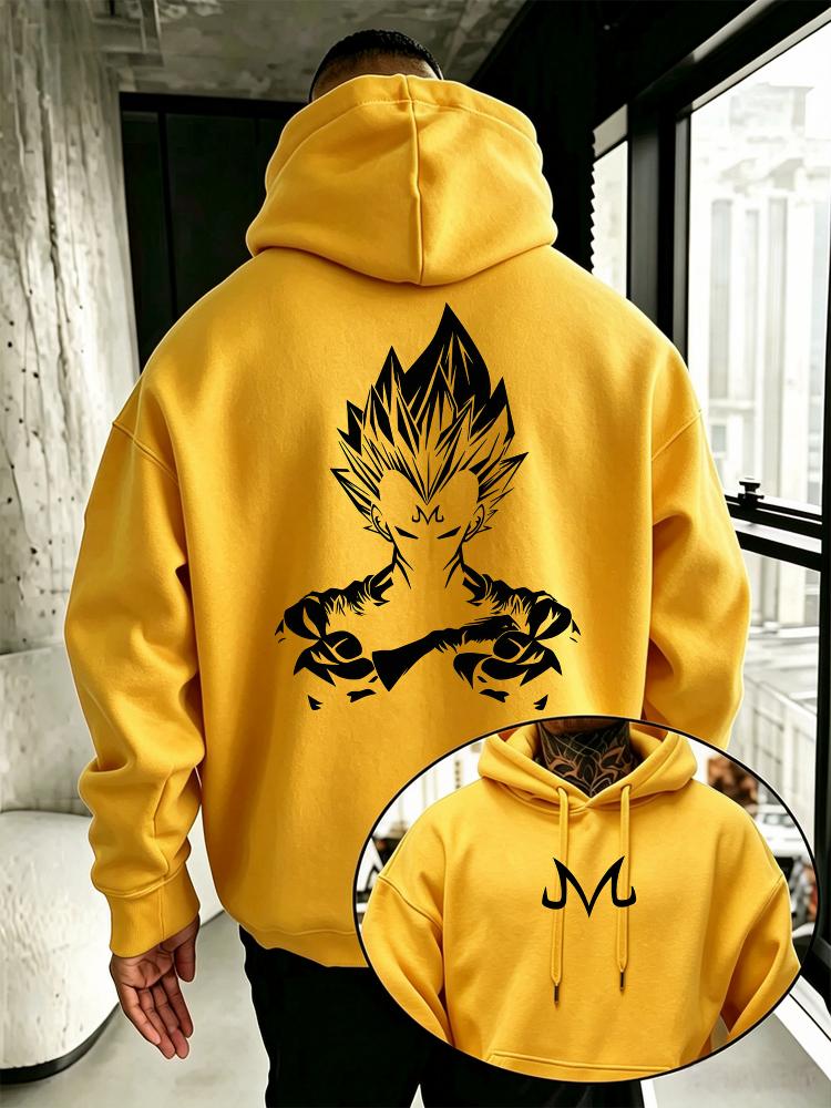 Anime‑fierce Men Hoodie Front Compact Curved‑symbol Print, Back Powerful Spiky‑hair Warrior Silhouette Pullover For Cozy Weekend Activities