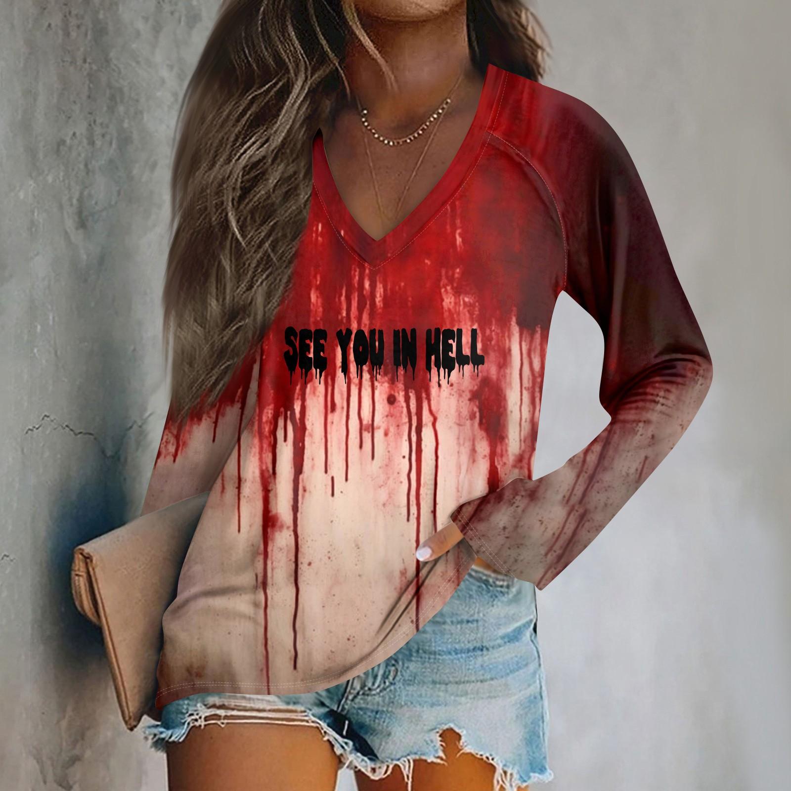 

Женский модный повседневный топ с длинным рукавом и принтом на Хэллоуин с V-образным вырезом XXL