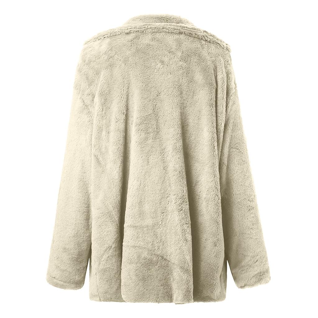 Fashion Womens Loose Solid Color Long-sleeved Lapel Women's Fleece Plush Coat Coat