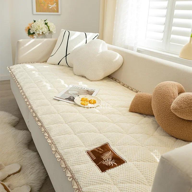 Solid Color Sofa Cushion Chenille Protective Couch Cover Modern Sofa Cover Anti-Cat Scratch Non-Slip Thickened Home Living Room