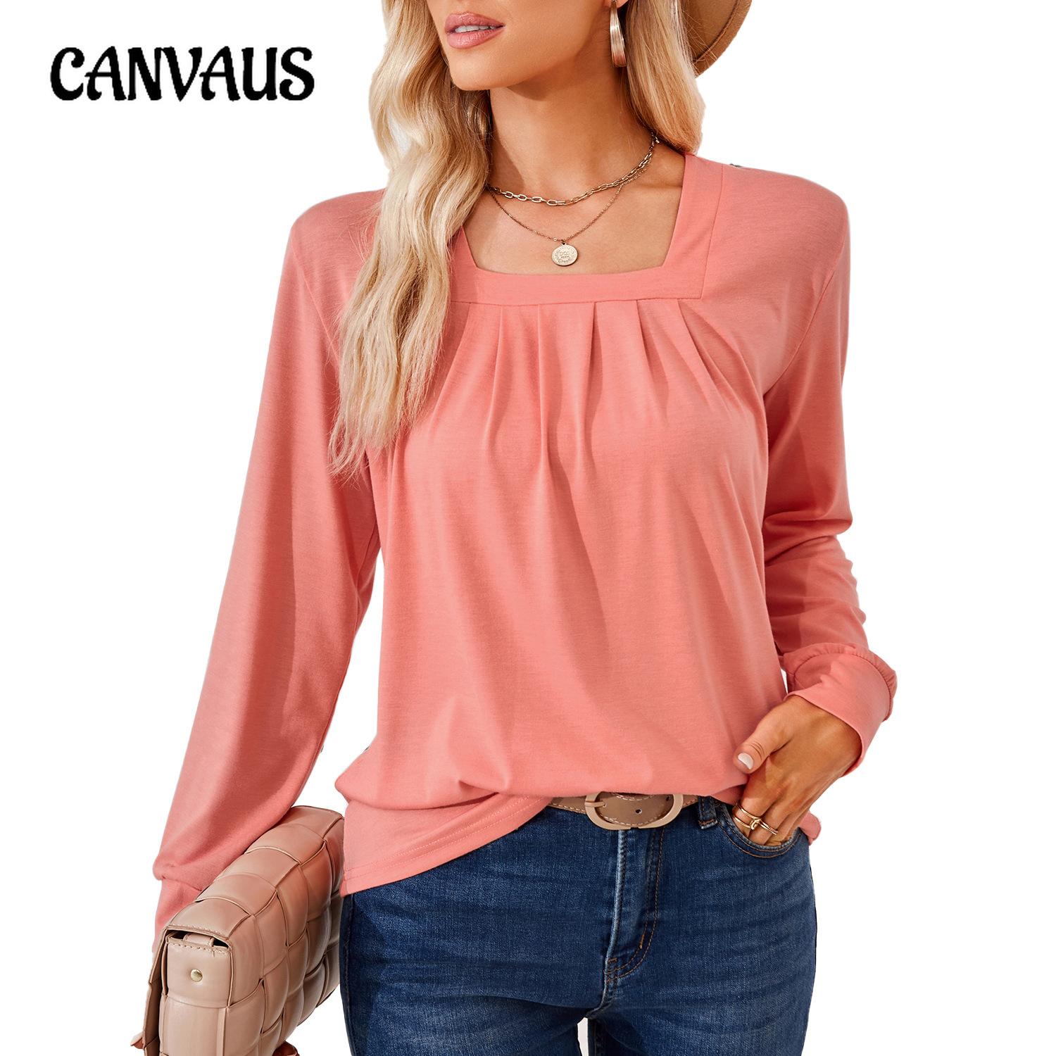 

Весенне-осенняя женская блузка, однотонный, с квадратным вырезом, плиссированный жаккардовый свободный топ с длинными рукавами