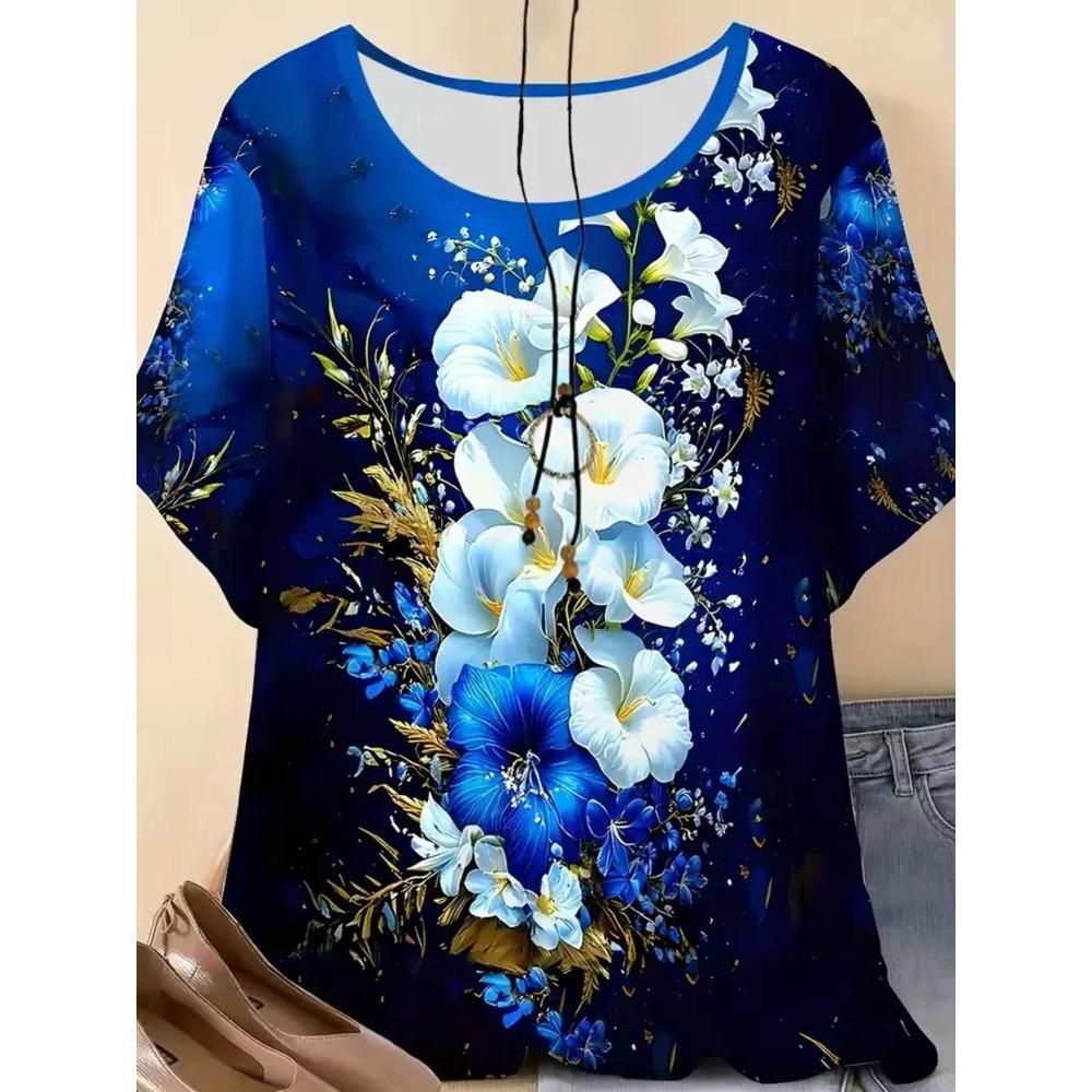 Dames T-shirt 3D Patroon Gedrukt Casual Korte Mouw Ronde Hals Top Modieuze Straat Dameskleding