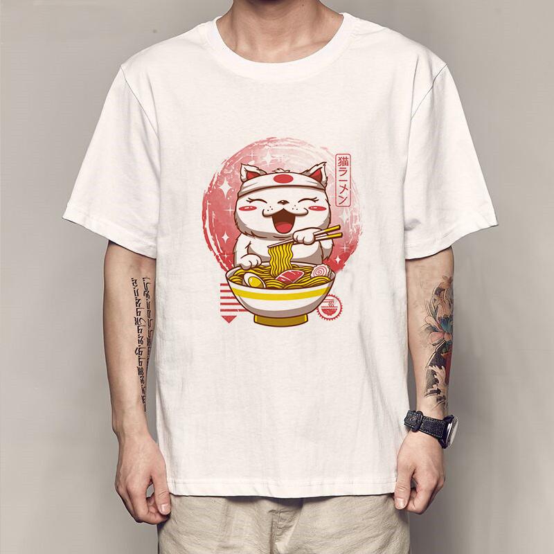 New Fashion Summer Mens T Shirt Casual Short Sleeve Samurai Cat Print Anime Tshirt Men Women Japanese Neko Sushi Wave Tops