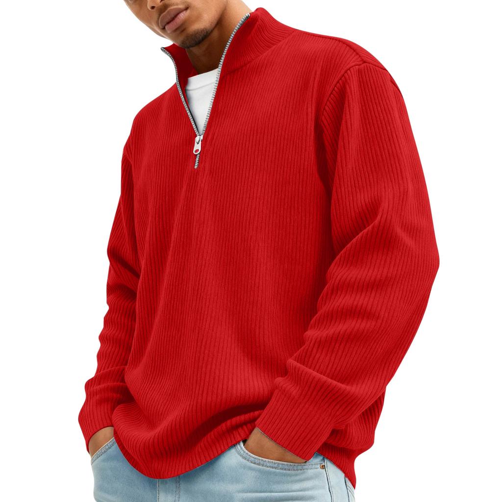 Men’s Ribbed Knit Pullover Sweater Quarter Zip Stand Collar Long Sleeve Casual Loose Fit Top