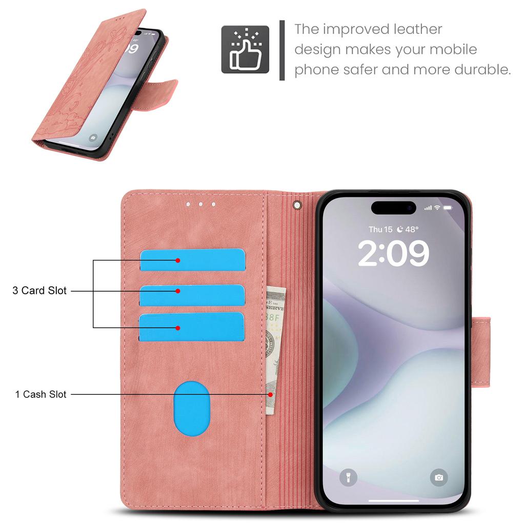 For iPhone 17 Pro Case Flower Butterfly Leather Wallet Phone Cover with Hand Strap