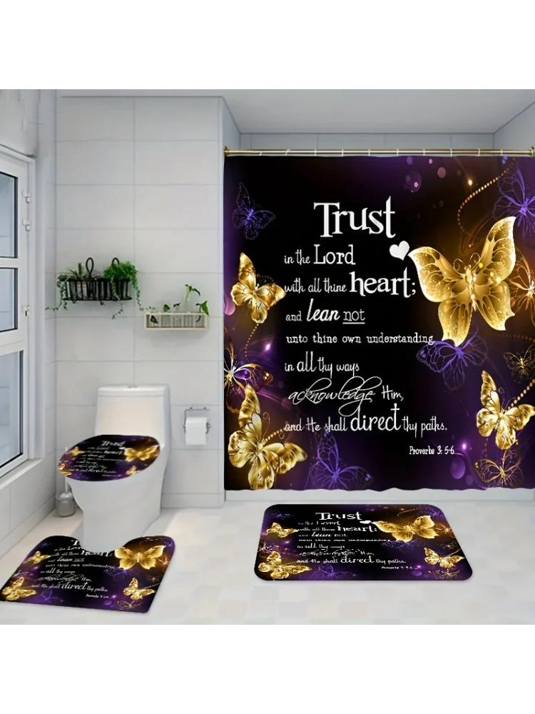 

Polyester Bathroom Set With Inspirational Quote And Golden Butterflies Design - Machine Washable, Fade-Resistant Bath Ensemble W W60H190(CM)-1 Pcs