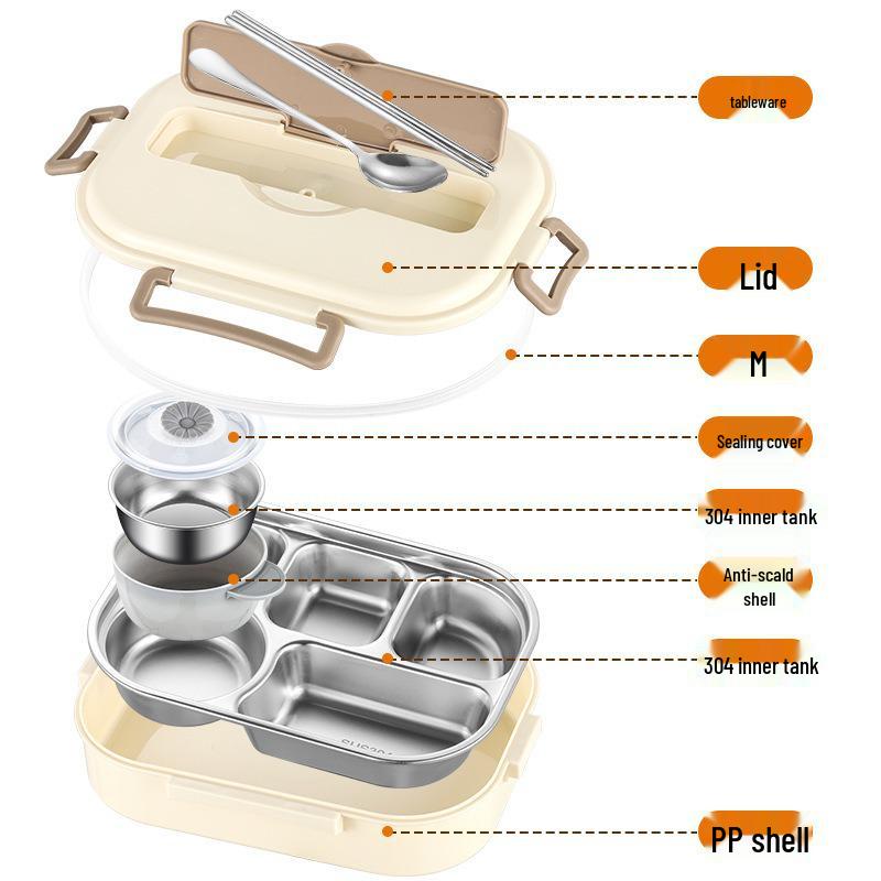 304 Stainless Steel Insulated Bento Lunch Box with Built-in Soup Bowl and Five Compartments