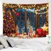 Winter-Weihnachtsteppich - Rustikales Holzfenster Weihnachtsbaum für Schlafzimmer, Nacht Wald Schnee Szene Außerhalb des Fensters Wand H