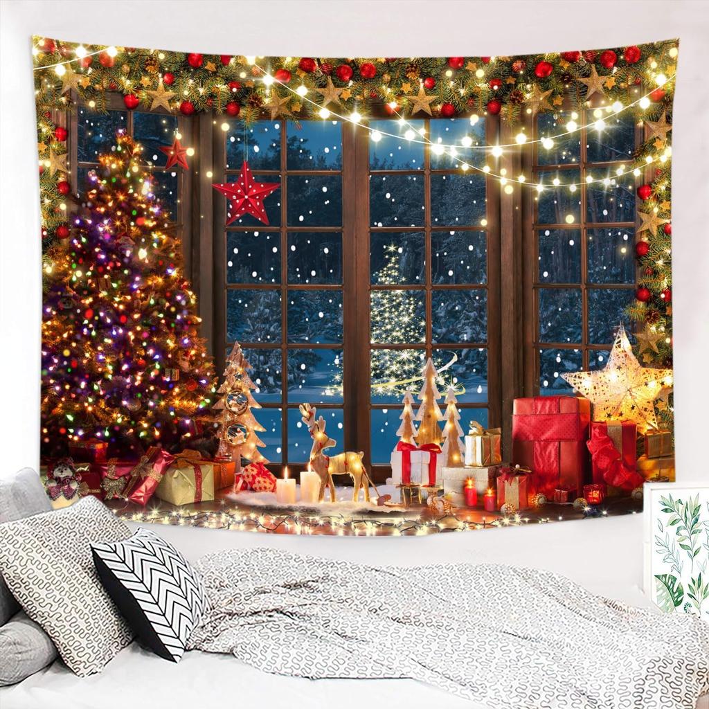 Winter-Weihnachtsteppich - Rustikales Holzfenster Weihnachtsbaum für Schlafzimmer, Nacht Wald Schnee Szene Außerhalb des Fensters Wand H
