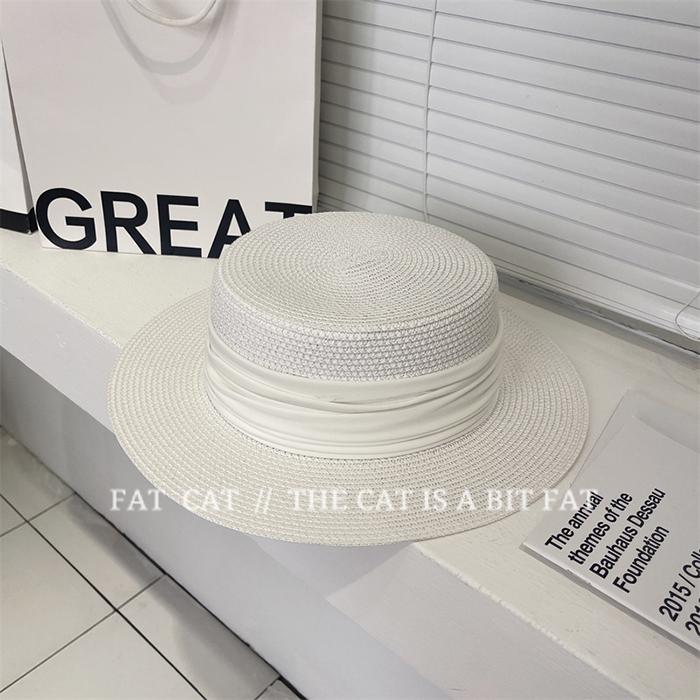 Folded ribbon flat top straw hat women's summer travel sun protection flat top hat vacation hat fashion versatile top hat