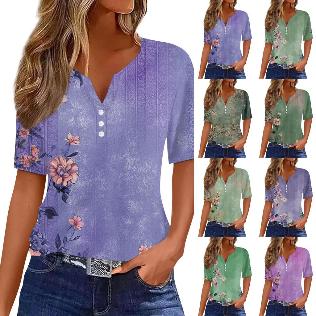 Damska koszulka z nadrukiem, guzikami, krótkim rękawem, codzienna, weekendowa, modna, podstawowa, dekolt w serek, regularna góra