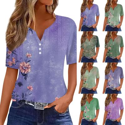 Women's T Shirt Print Button Short Sleeve Daily Weekend Fashion Basic V-Neck Regular Top