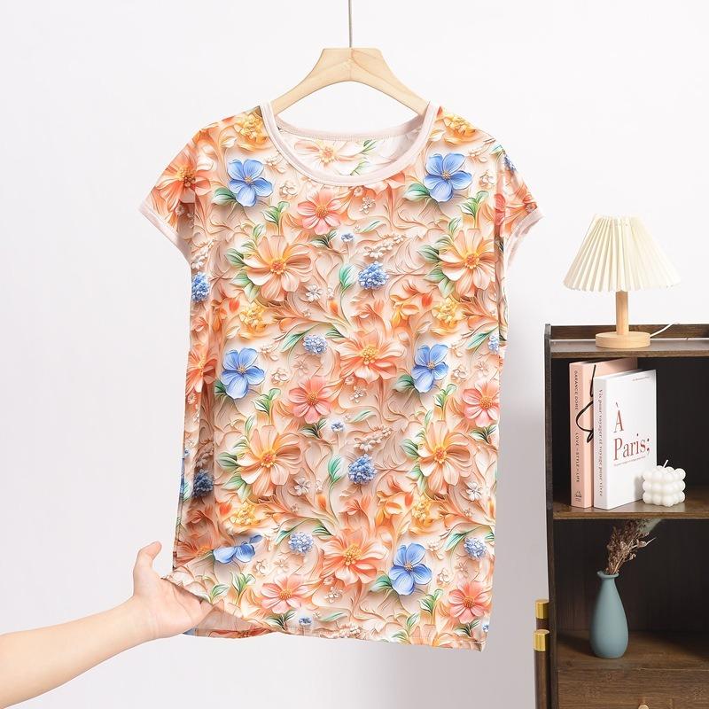 Dam Silke Jacquard Rundhals Kortärmad Tunn Mamma T-shirt Sommar Stor Storlek Blommig Bekväm Andningsbar Mångsidig Lös Topp