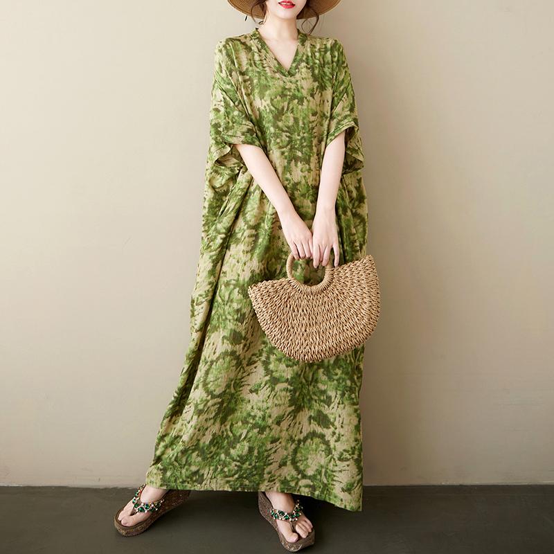 

DIMANAF 2025 Summer Women Plus Size Loose Vintage Dress Printing Short Sleeve Dress Basic Casual Long Dress One Size зелёный