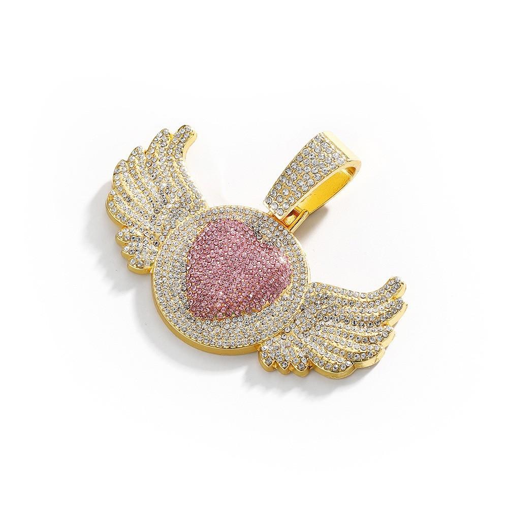 Hip Hop Rap Trendy Creative Pink Diamond Love Angel Wing Pendant Necklace Pink Diamond Love Men's Necklace