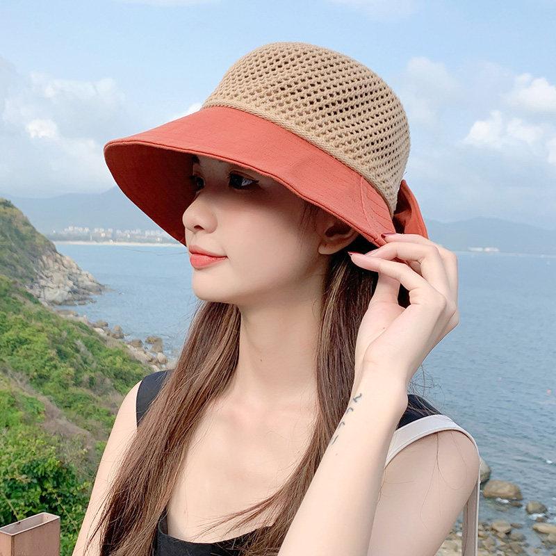 Chapeau seau d'été en tricot style japonais pour femme avec nœud, grand bord, pliable, protection solaire, couvre-visage
