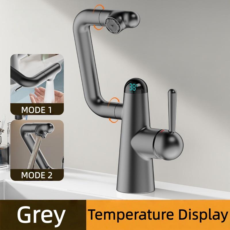 

LED Temperature Display Basin Faucet 2 Modes Sprayer LED Light Hot Cold Water Sink Mixer Wash Tap Single Hole Bathroom include 60cm hose сірий