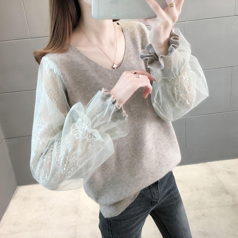 Women's Knitted Shirt Thin Lace Sleeves Low Collar Top Loose Outer Wear Bottom Inner Sweater