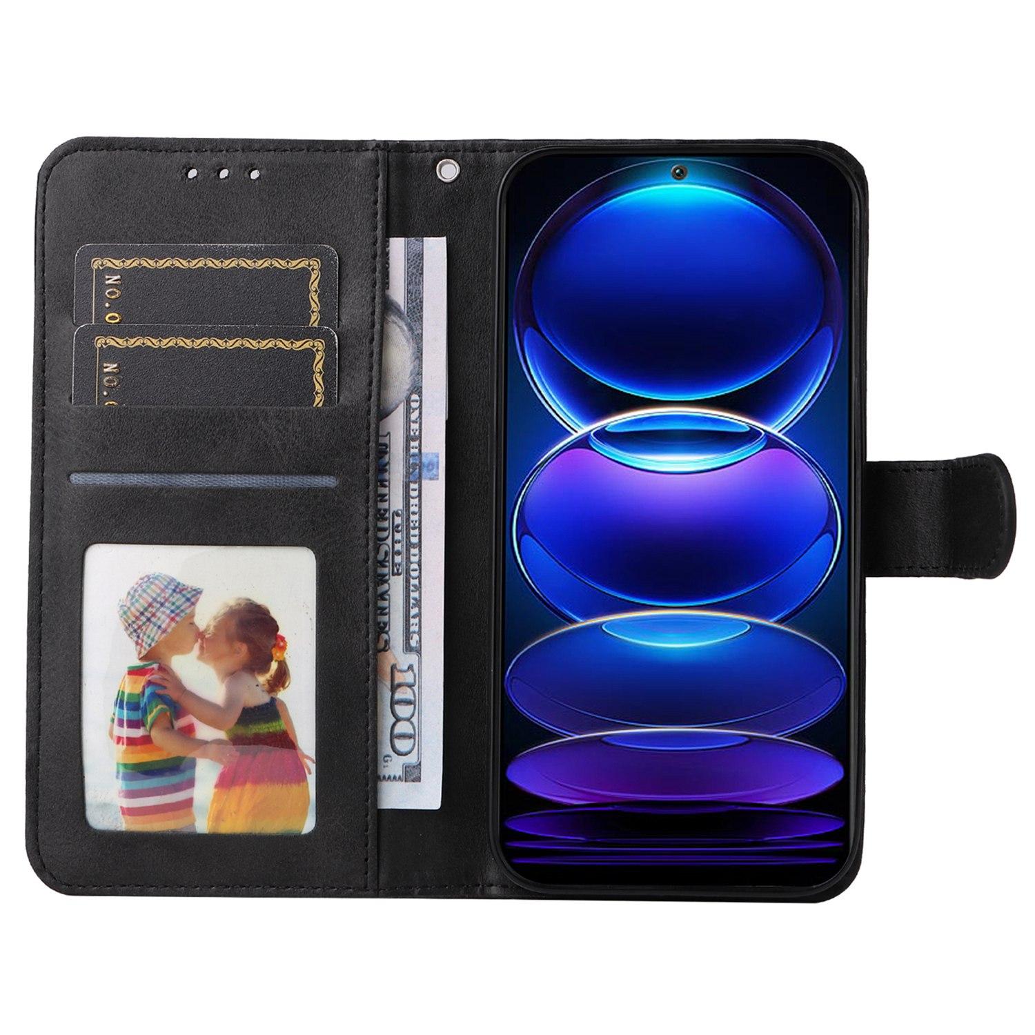 

For Xiaomi Redmi Note 12 5G (Global)/(India)/(China)/Poco X5 5G PU Leather Calf Texture Phone Cover Folio Flip Wallet Stand Phone Case with Strap Black