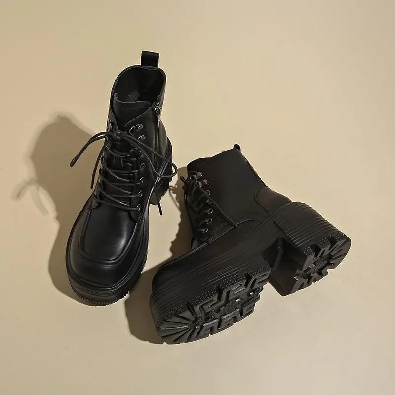 9CM Autumn Thick soled shoes for Women Winter 2024 Warm Versatile Height increasing Ankle Boots High top Leather shoes