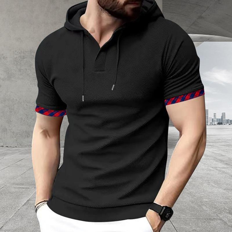 

Summer New Short-Sleeved Men S T-Shirt, Sports And Leisure Fashion Waffle Solid Color Hooded Polo Shirt XXXL чорний