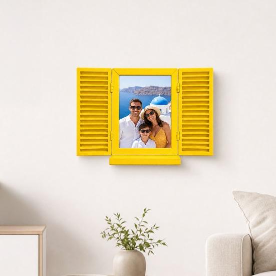 Key Holder with Hidden Storage Shelf, Mediterranean-Style Window Frame Photo Display Stand, Functional Entryway Organizer with Blinds Decor