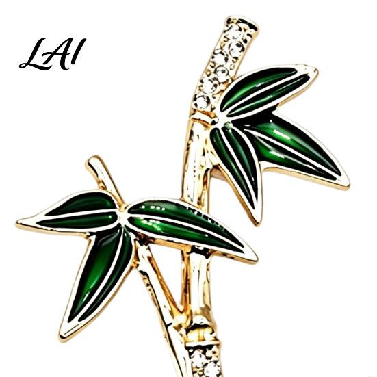 Green Leaf Bamboo Jewelry Alloy Rhinestone Brooch Enamel Lapel Collar Pin Men Chinese Style Decorative Accessory Women Accessories for Suit