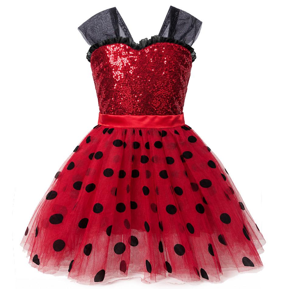 Kids Ladybug Red Polka Dot Tulle Dress, Girls Puffy Dress with Bag & Mask, Size 100-150
