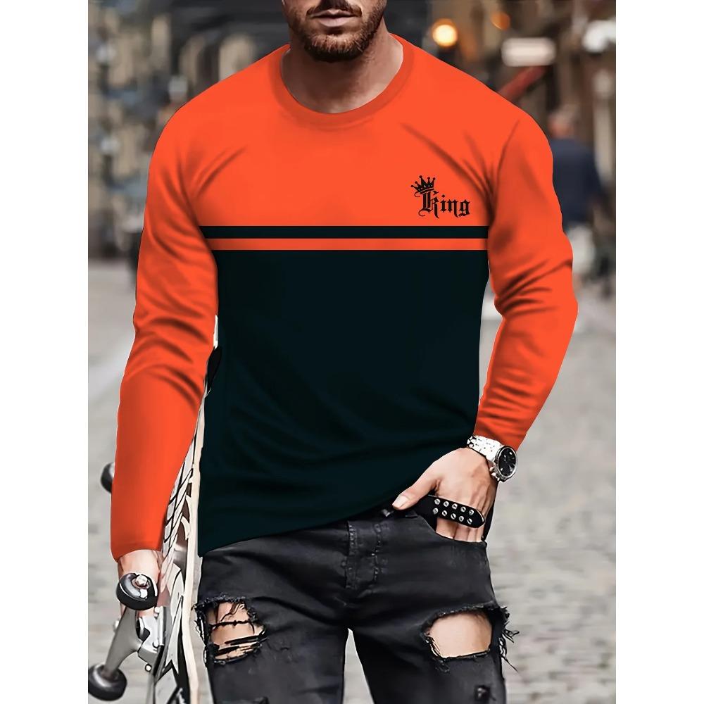 Striped Printed 3D Digital Printed Men's Fashion Trend Round Neck Long Sleeved T-shirt