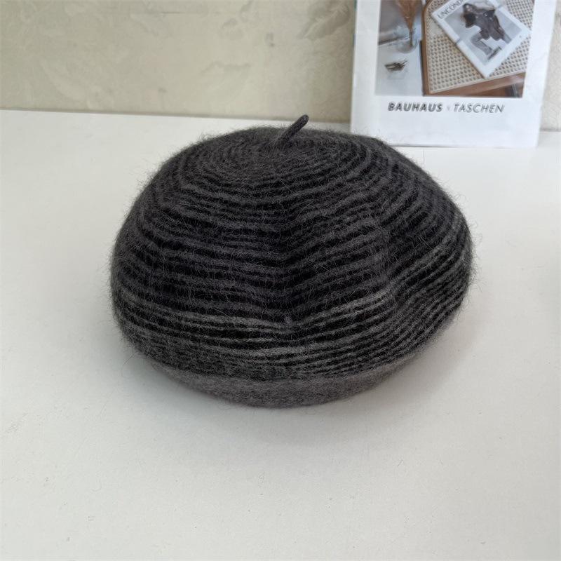 

Осенне-зимний берет из кроличьего пуха, женский, ретро, полосатый, универсальный, шерстяной, шляпа художника, мода и тепло M（56-58cm） чёрный