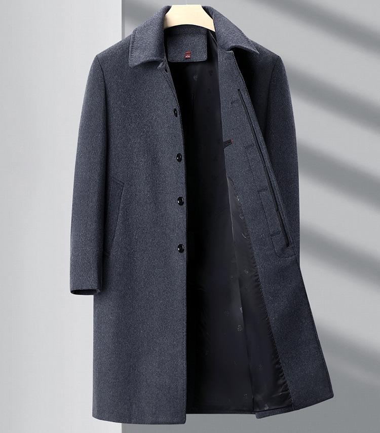 Men's Winter Cashmere Coat, Velvet-Lined, Knee-Length, Warm Woolen Trench for Middle-Aged and Elderly, Dad-Style Outerwear.