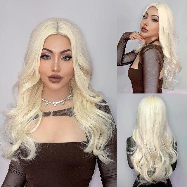 Long Wavy Ombre Black White Synthetic Wigs for Women Heat Resistant Natural Middle Part Cosplay Party Lolita Daily Hair Wigs